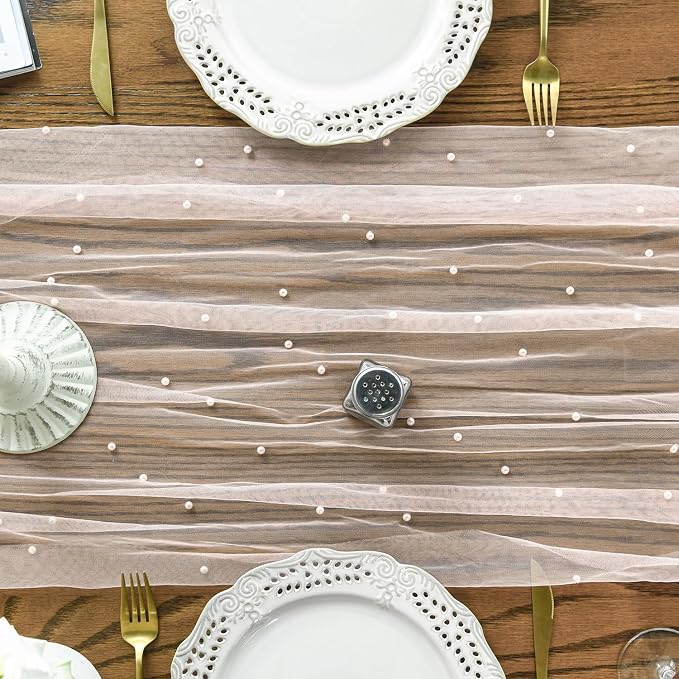Artoid Mode Pearl Pink Gauze Table Runner 59x120 Inch, Seasonal Sheer Kitchen - Image 2