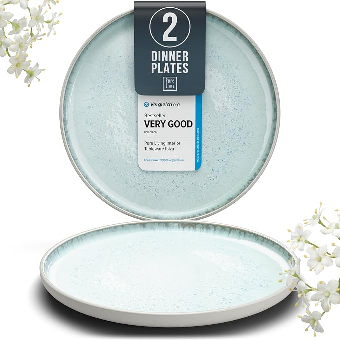 Stoneware dinner plates set 2 pcs – Light beige & blue stylish plates – by PURELIVING