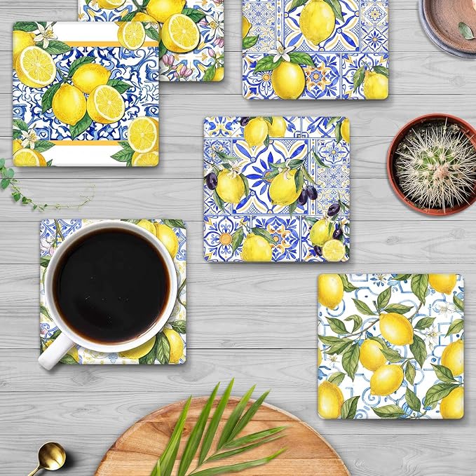 Lemon Yellow Coasters for Drinks, Ceramic Stone | Blue Fruit Tile Absorbent - Image 2