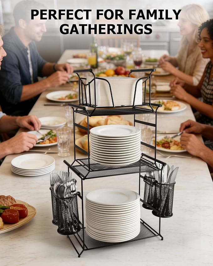 HULISEN 3-Tier Buffet Caddy, 7-Piece Paper Plate & Utensil Holder - Image 2