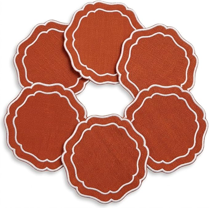 Linen Coasters for Drinks, 4.5 inch, Tangerine | Absorbent Linen Drink Mats by EmbroideryLinenVN