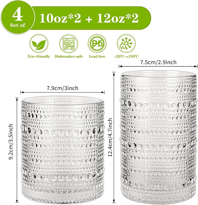 Hobnail Drinking Glasses Set of 4, 10oz Kitchen Water Glasses Cup & 12oz - Image 2