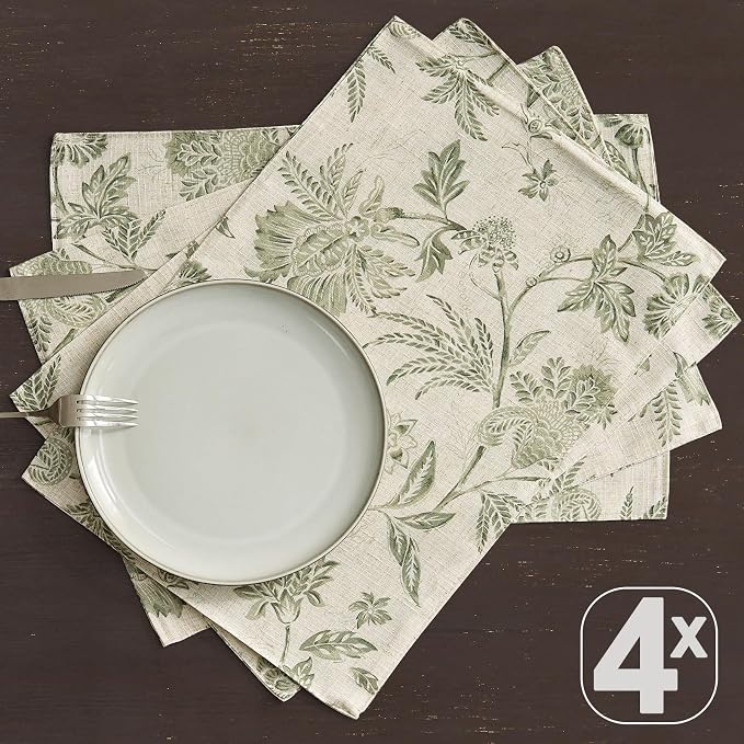 JINCHAN Sliva Linen Floral Placemats Set of 4 Farmhouse 13x19 Sage Green | - Image 6