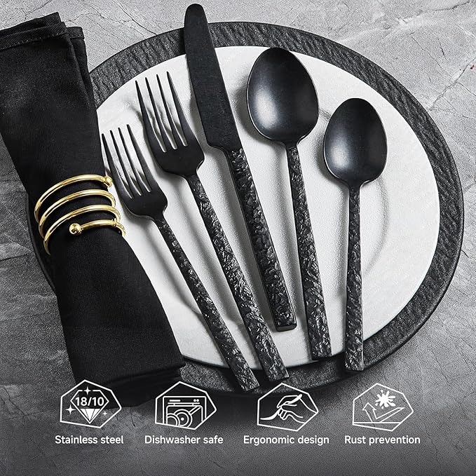 60 Pcs Black Hammered Silverware Set - Image 3
