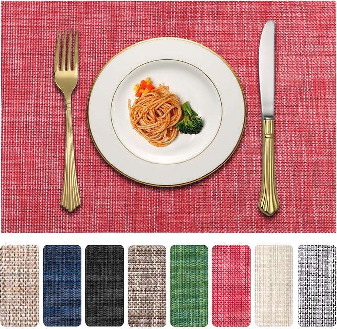 Vinyl Placemats Set of 8, PVC Woven Washable Non-Slip Table Mats, Heat by LANDVIEW