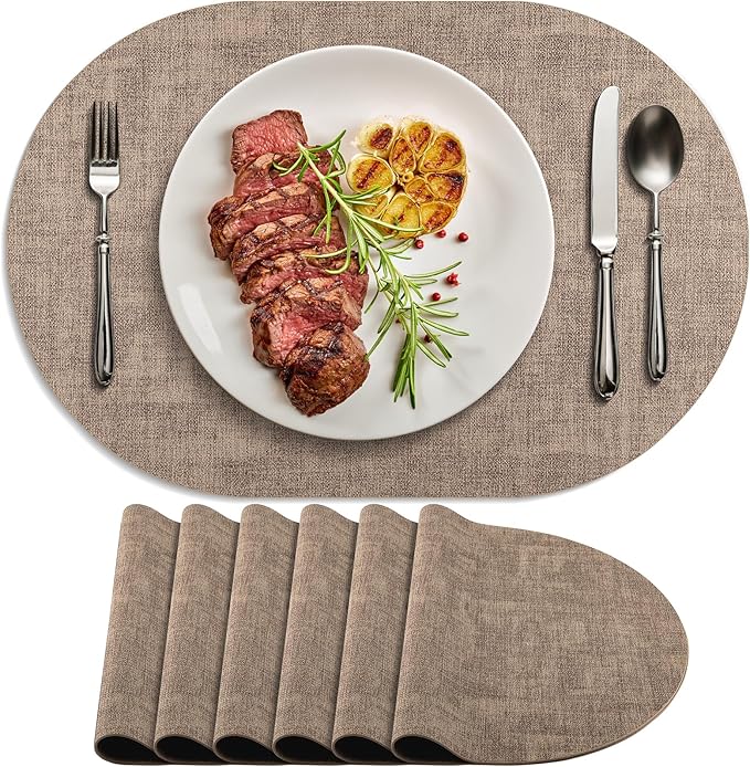 Placemats Set of 6 Non Slip, Heat Resistant Oval Faux Leather Place mats Double by Delicateandelegantplacemats