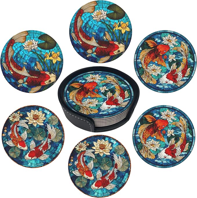 Fish Coasters Leather Round Drink Coasters 6 Pcs Set by Yopiiefa