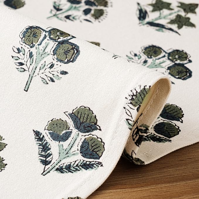 Block Print Floral Decorative Table Runners, 13x90 Inch Olive | 100% Organic - Image 5