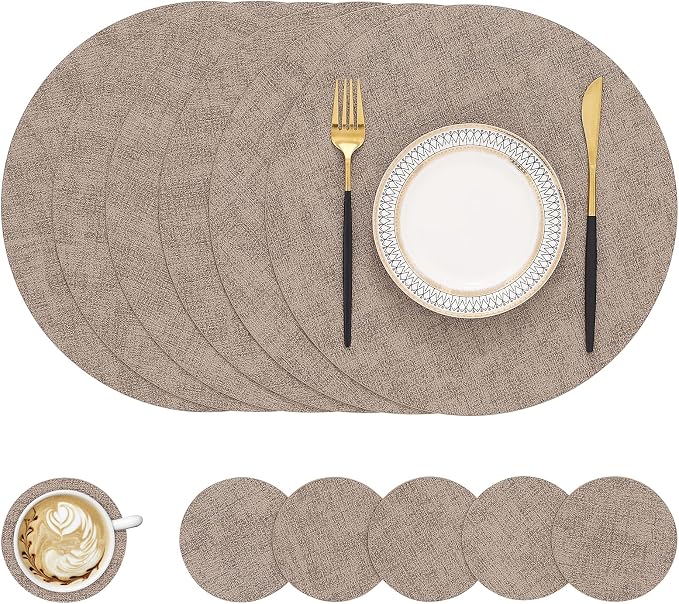 Round Faux Leather Placemat and Coaster 6 Packs, Washable Heat Resistant Dining by homing