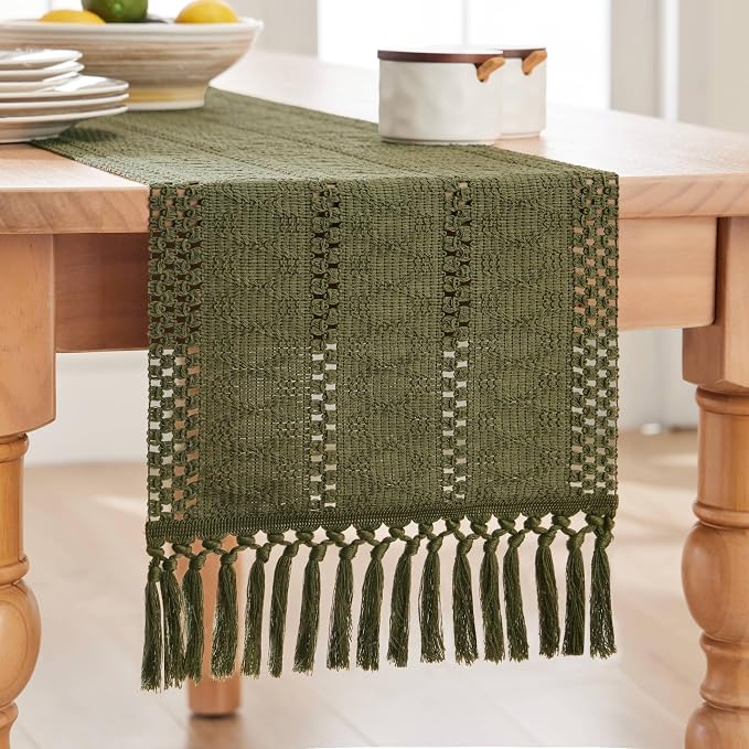 Macrame Style Boho Table Runner, 12x36 Inch Moss | Woven Boho Table Runner - Image 7
