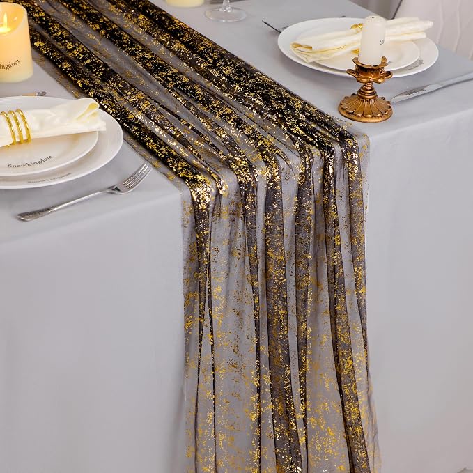 Snowkingdom 6 Pcs Black & Gold Cheesecloth Table Runner 10 FT, Sheer Chiffon - Image 8