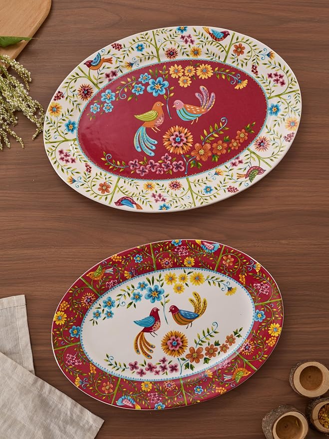 Bico Red Spring Bird 16 plus 14 inch Oval Platters Set, Microwave and - Image 6