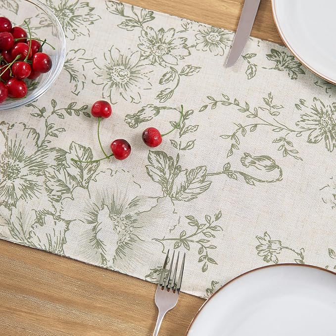 jinchan Green Floral Linen Table Runner 13 x 72 Inch Rustic | Nature-inspired - Image 3