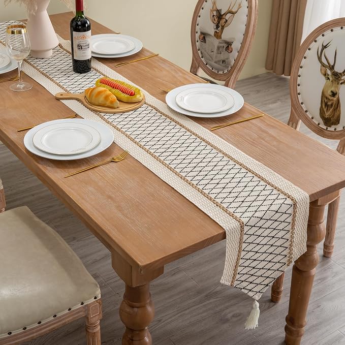 Table Runner, Boho Style with Tassels, Cotton & Linen, Farmhouse Home Decor - Image 3