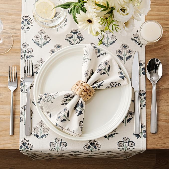 Block Print Floral Decorative Table Runners, 13x36 Inch Grey | 100% Organic - Image 3