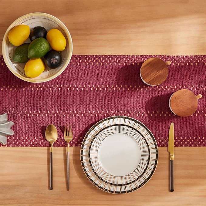 Macrame Style Boho Table Runner, 12x72 Inch Burgundy | Woven Boho Table Runner - Image 4