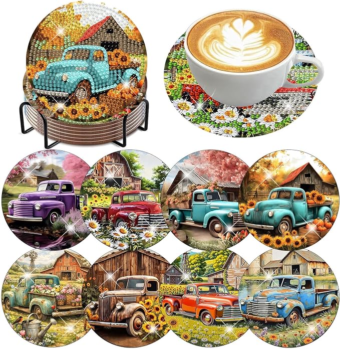 Ekuxom 8 PCS Truck Diamond Art Coasters Kits by Ekuxom