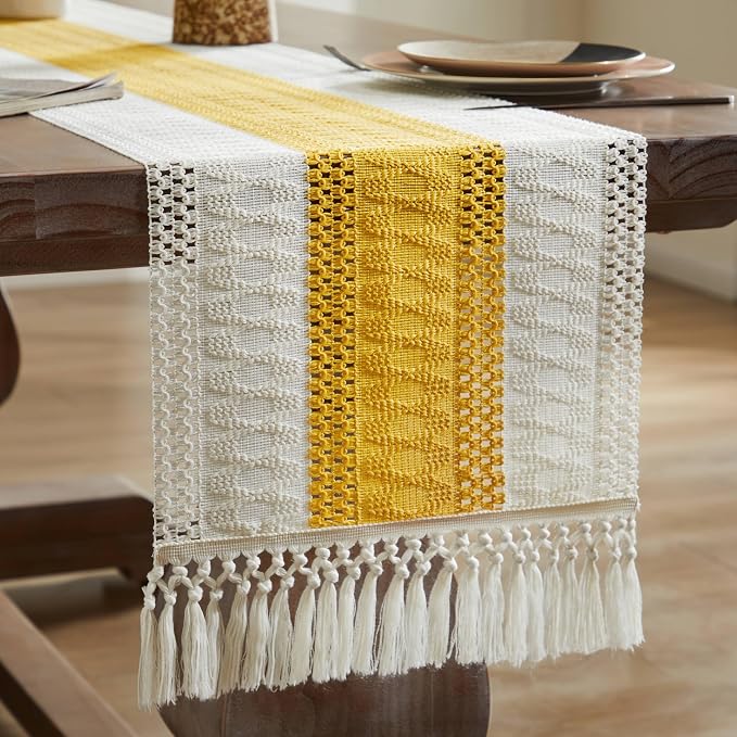 Macrame Style Bicolor Stitching Table Runner 14x108in Mustard | Woven Boho - Image 7