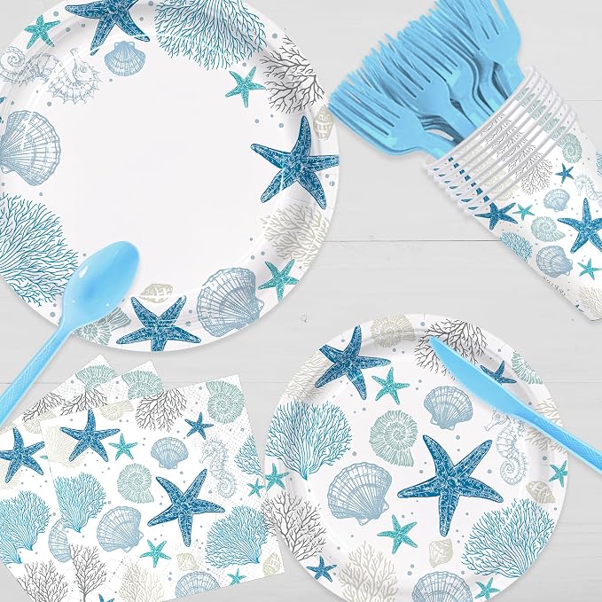 168pcs Coastal Beach Paper Plate Napkin Seashell Party Supplies Serve 24 | Blue - Image 5