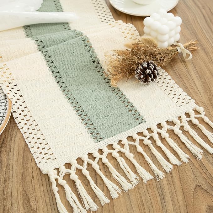 Boho Green Table Runner, 12x36 Inches | Tassels, Summer Farmhouse, Woven Cotton - Image 5