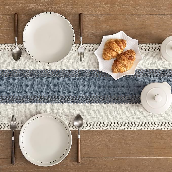Macrame Style Bicolor Stitching Table Runner 14x90in Navy | Woven Boho Table - Image 5