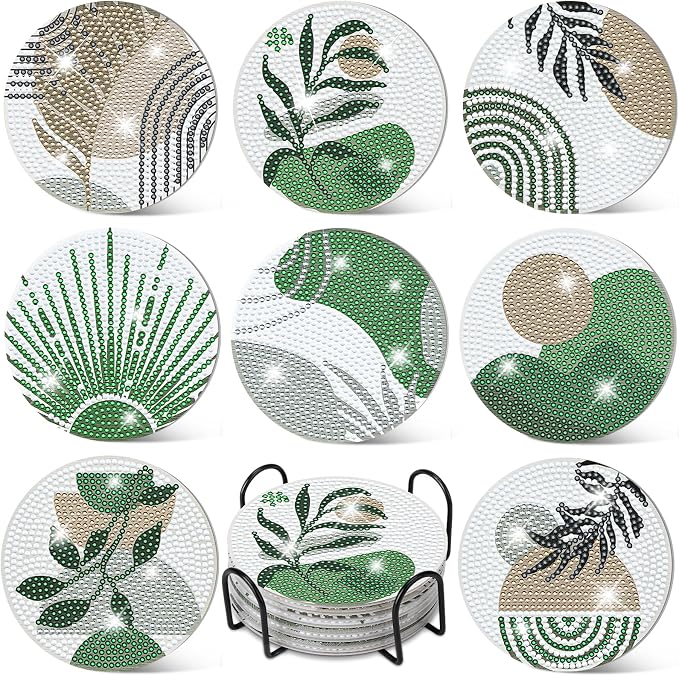 8 Pcs Boho Diamond Art Painting Coasters Holder Green Plants | Abstract Diamond by Ovveroche