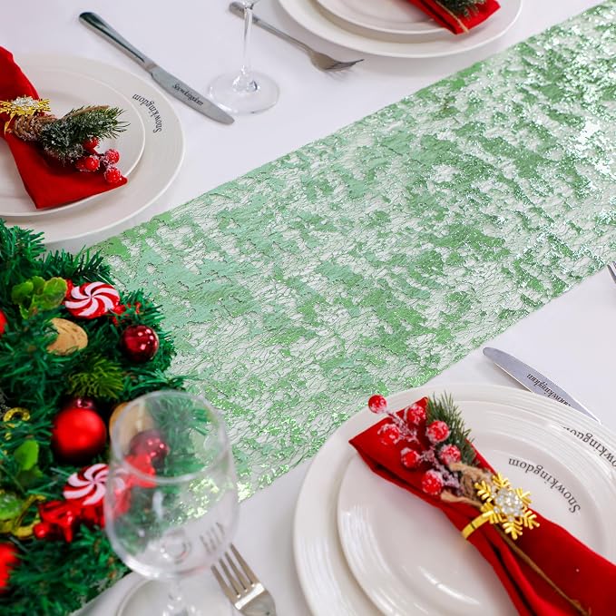 Snowkingdom Sage Green Table Runner, Sequin Glitter Foil Metallic Sage Green - Image 3