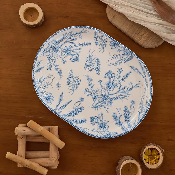 Bico Blue Garden Toile De Jouy 16 plus 12 inch Oval Platters Set, Microwave and - Image 6