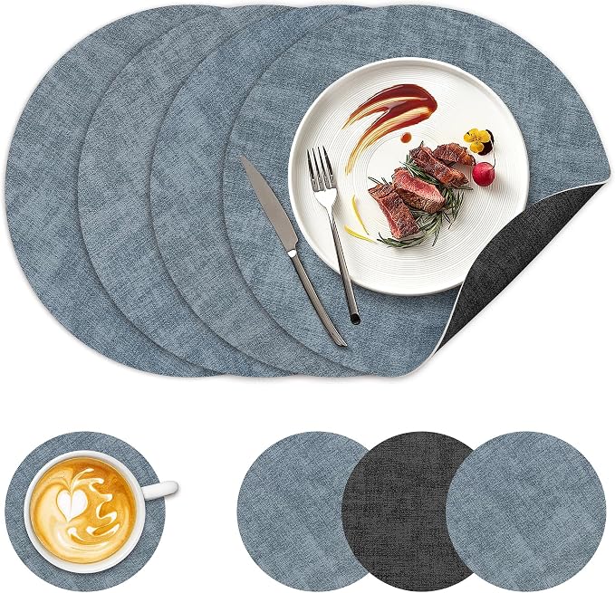 NCUE 13" Faux Leather Round Placemats Set of 4, Reversible Dual-Color | by NCUE