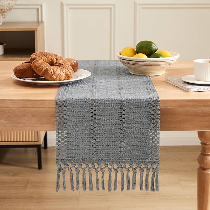 Macrame Style Boho Table Runner, 12x90 Inch Light Blue Grey | Woven Boho Table - Image 2