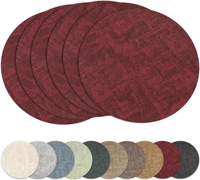13"Round Placemats Set of 6, Reversible Faux Leather Heat Resistant Table Mats by NCUE