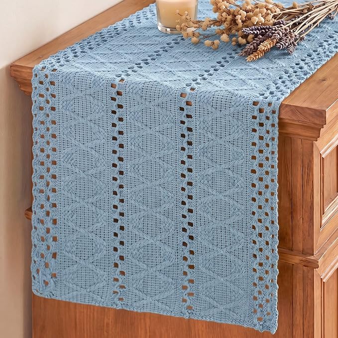 Artoid Mode Sky Blue Woven Farmhouse Hollow Table Runner 12x120 Inch | Holiday by ArtoidMode
