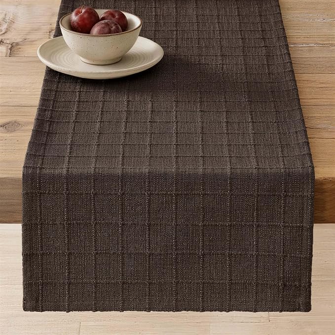 Artisanal Grid Linen Table Runner, 13x60 Inches Chocolate | Heavy Textured by ZEEMARTONLINE