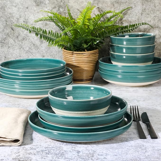 Gibson Elite Clarina 16 Piece Double Bowl Stoneware Reactive Glaze Round Plates - Image 3