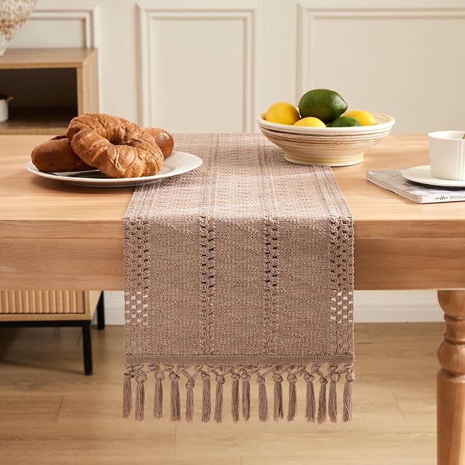 Macrame Style Boho Table Runner, 12x90 Inch Taupe | Woven Boho Table Runner - Image 2
