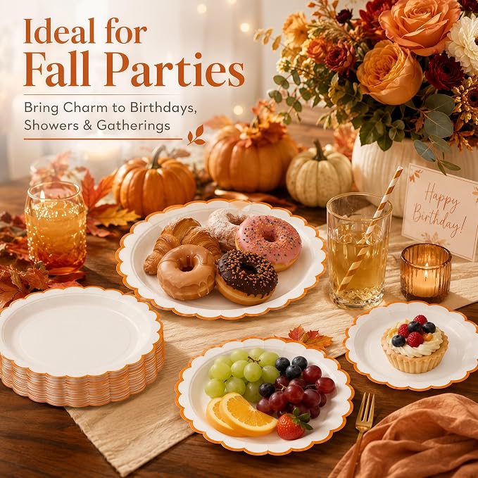 30 Pack Orange and White Paper Plates 7 Inch, Disposable Scalloped Plates - Image 6