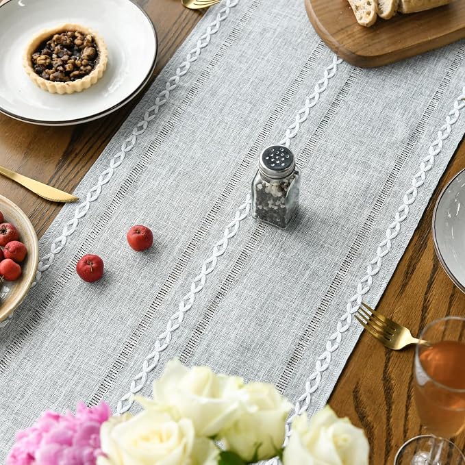 Artoid Mode Grey Rustic Cotton Linen Table Runner, Seasonal Embroidered Hollow - Image 4