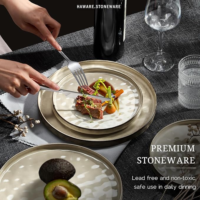 HaWare Dinnerware Sets, 12-Piece Plates and Bowls Set, Saturn Khaki | Stoneware - Image 4