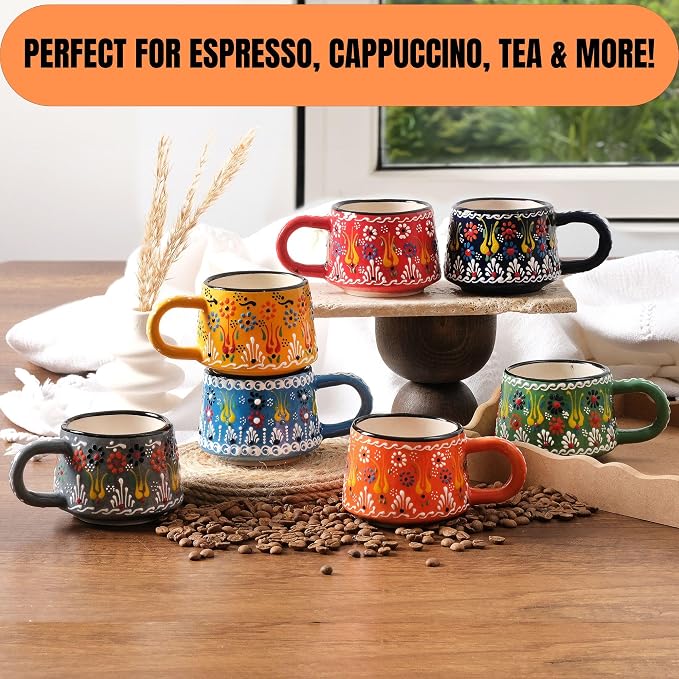 BCS 6 Oz Cappuccino Cups Set of 2, Hand-Painted Ceramic Coffee & Tea Mugs | - Image 3