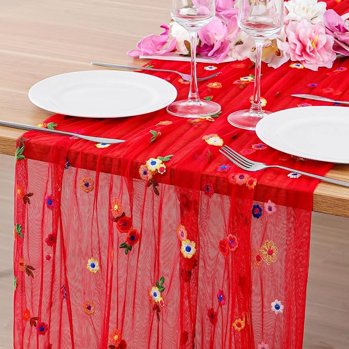 BINBE 1pcs Daisy Spring Table Runner Embroidery Gauze 10FT Florals Seasonal by BINBE