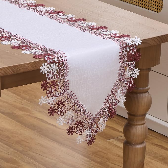 White Dark Red Floral Lace Table Runner Dresser Scarf | Dresser Scarf, Lace by Winotic