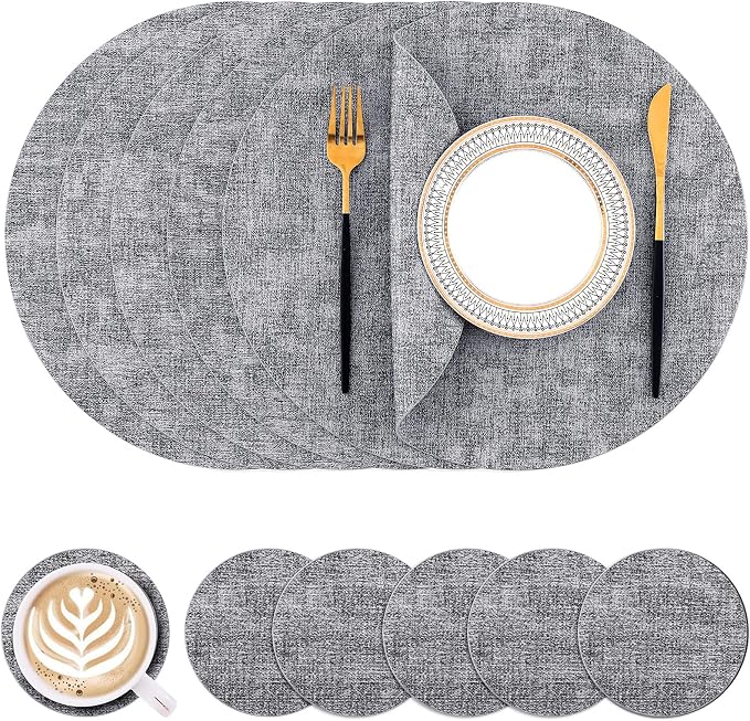 Homaxy Round Faux Leather Placemats and Coasters, Wipeable Place Mats, by Homaxy