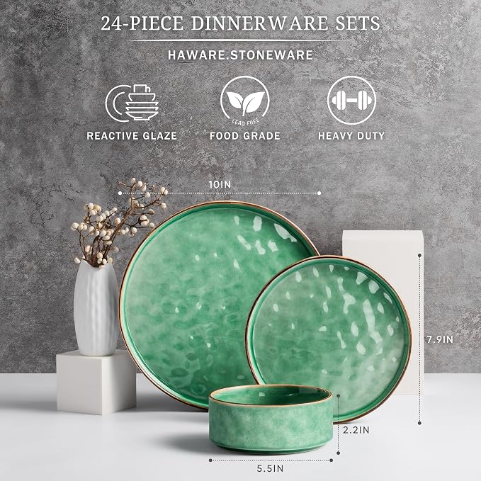 HaWare Dinnerware Sets, 24-Piece Plates and Bowls Set, Stoneware Dish Set - Image 2