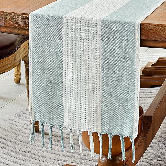 Wracra Linen Table Runner, Stripe Table Runners 60 Inches Long Aque Blue | by Wracra