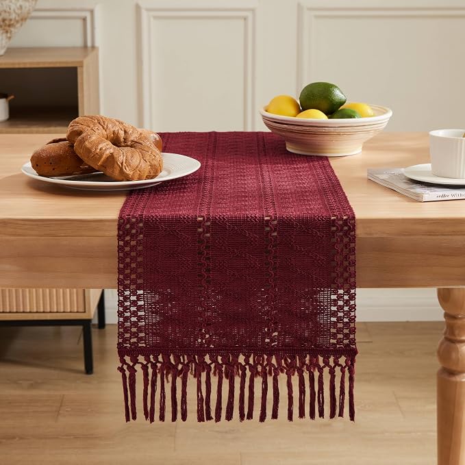 Macrame Style Boho Table Runner, 12x72 Inch Burgundy | Woven Boho Table Runner - Image 2