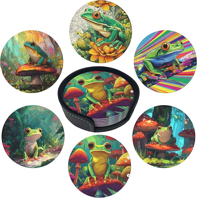 Frog Coasters Leather Round Drink Coasters 6 Pcs Set by Yopiiefa