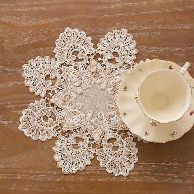 European Antique Jacquard Lace Table Doilies, Small Farmhouse Linen Embroidered - Image 4