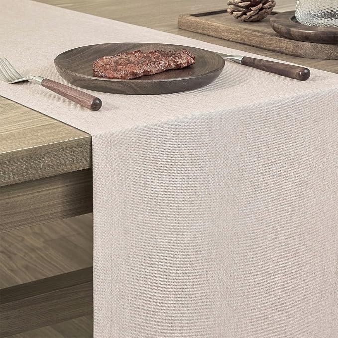 Basic Linen Style Table Runner, 14x60 Inch Light Tan | Mitered Corner Design - Image 4