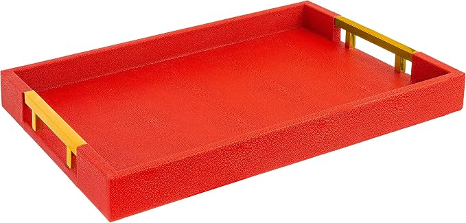 Modern Elegant 17.5"x12" Rectangle Red Shagreen Faux Leather Decorative Tray by HomeRedefined