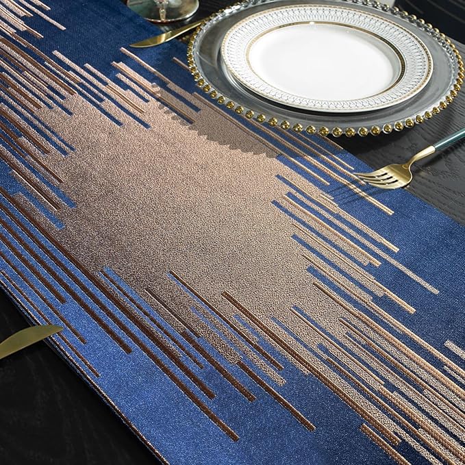 Blue Luxury Table Runner, Modern Geometric Lines, Fancy Ring Tassel | Table - Image 5